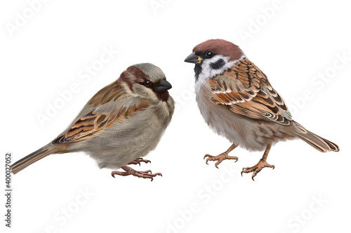 Digital set with cute sparrows birds White background.
