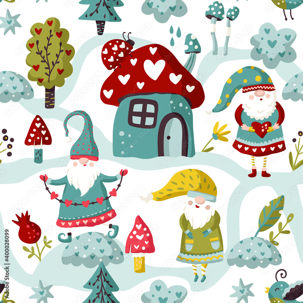 Seamless Gnome Vector pattern. Cute Valentines hand drawn little gnomes illustration with house and ladybug. Kid ornate cartoon holiday scandinavian background.