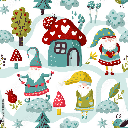 Seamless Gnome Vector pattern. Cute Valentines hand drawn little gnomes illustration with house and ladybug. Kid ornate cartoon holiday scandinavian background.