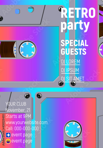Compact cassette poster with vibrant retro 80s styled party invitation