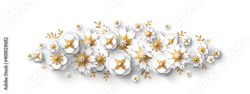 Spring border with white paper cut flowers and golden leaves isolated on bright background. Vector illustration. Cute design for posters, brochures or vouchers, wedding save the date cards.