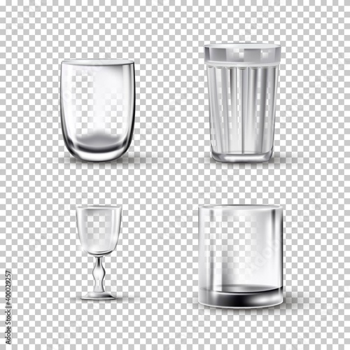 Empty crystal glass set on transparent background. Whiskey glass, goblet, highball glassware. Shiny clean realistic utensils for beverages vector illustration. Fragile tableware