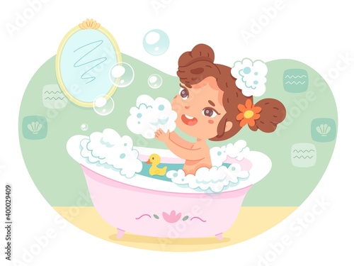 Kid bathing in bathroom. Little girl washing in bath with water, bubbles, soap, foam and duck toy. Healthy routine vector illustration. Childhood fun activities. Room interior design
