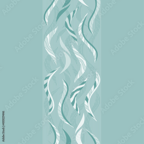 Abstract wavy leaves. Blue wave background. Vertical seamless border. 
