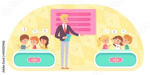 Kids playing quiz game with show host. Smart children in teams discussing answers to question in competition, host standing, score on boards. Television trivia show vector illustration