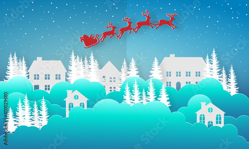 Winter landscape with houses and trees. Santa Claus on the sky in winter season. Merry Christmas and Happy New Year. paper art design. Snow man. Vector EPS 10.