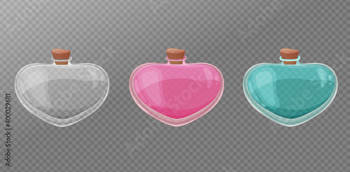 Set of empty transparent jars. Potion bottles collection.Valentines day jar set. Magic love potion. Heart shape bottles collection.Hand drawn cartoon style jars isolated.Valentine's day poison bottle.
