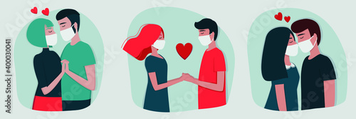 Set of vector images of lovers during the coronavirus pandemic. Responsible young people in protective masks. Flat illustration for Valentine's Day. Template for postcards, banners, and websites.