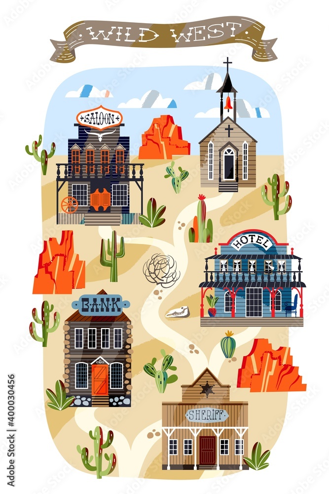 Wild west buildings on road background. Western american town in wilderness vector illustration. Church, saloon, hotel, bank and sheriff house. Cactus and rocks on desert land