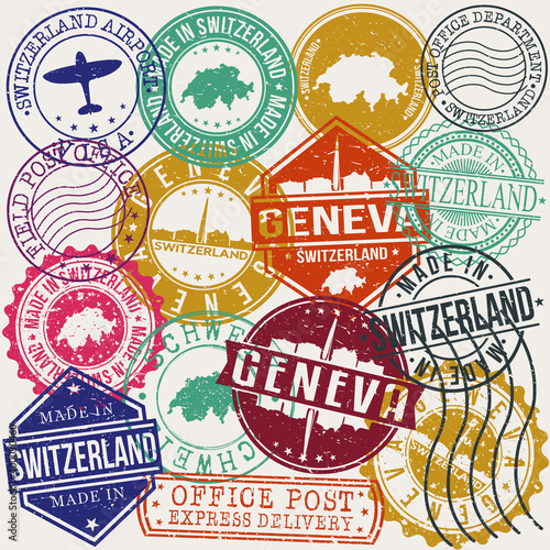 Geneva Switzerland Set of Stamps. Travel Stamp. Made In Product. Design Seals Old Style Insignia.