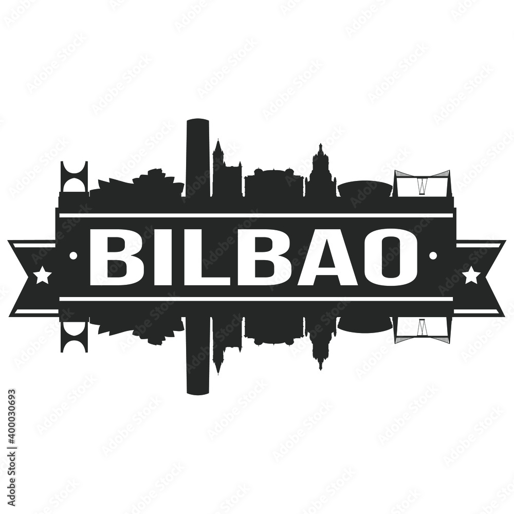 Bilbao Spain Skyline Silhouette Design City Vector Art Famous Buildings Stamp Stencil.
