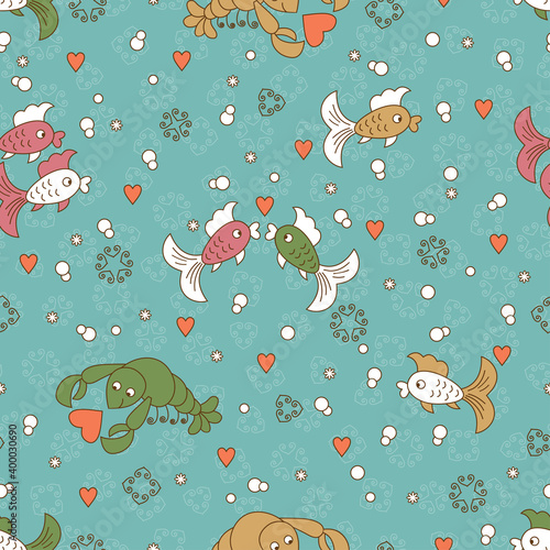 Vector Sea seamless pattern. Marine animals. Fish. Crayfish.
