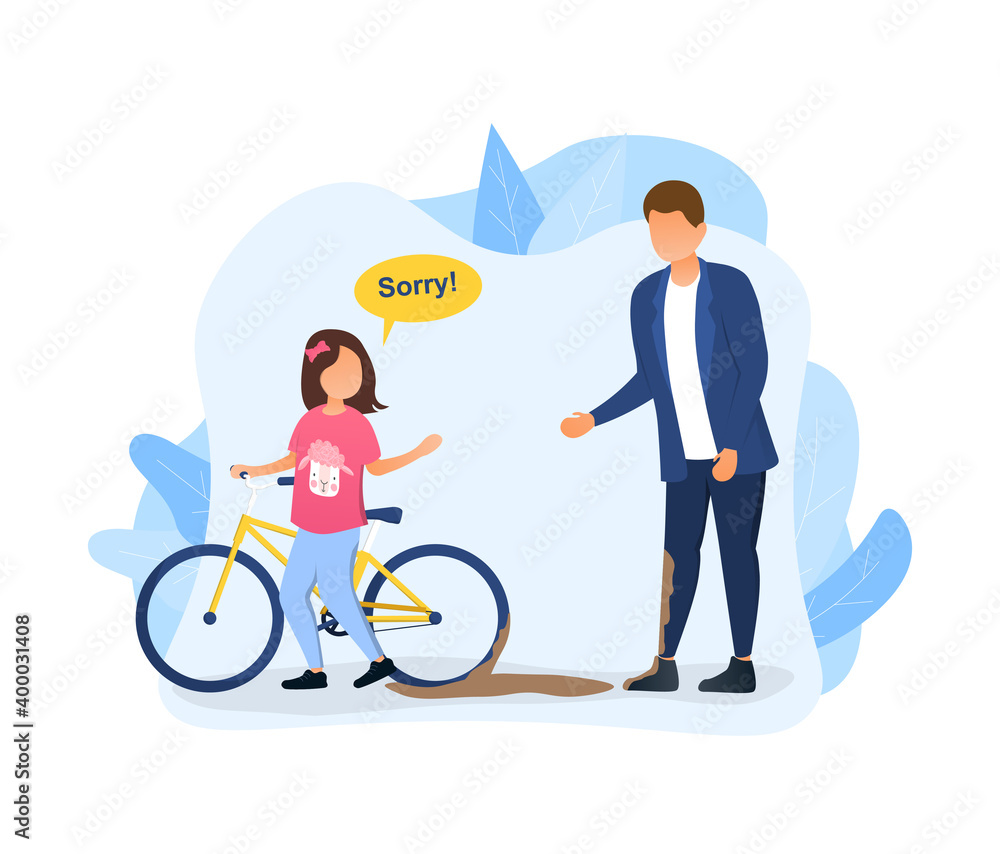 Girl apologizing to man after she splashed him with mud. Businessman standing in dirty suit because of girl on bicycle. Concept of kids with good manners. Flat cartoon vector illustration Girl apologizing to man after she splashed him with mud. Businessman standing in dirty suit because of girl on bicycle. Concept of kids with good manners. Flat cartoon vector illustration