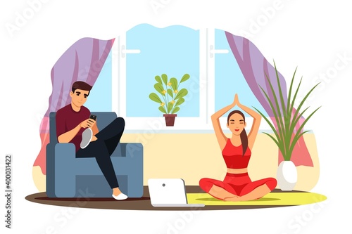 Couple resting at home. Woman doing yoga on mat, man sitting with mobile phone. Family weekend activities vector illustration. Rest together, trendy modern lifestyle indoor