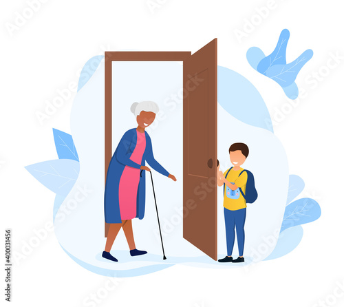 Little boy opening the door to an elderly woman with stick. Concept of kids with good manners. Old woman walking slow says thanks to a kind kid with cute smile. Flat cartoon vector illustration