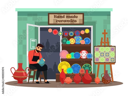 Artist in handmade ceramics shop. Small business vector illustration. Owner of ceramics store sitting and painting. Local downtown market with shelves with plates, pots, jugs, vases and tiles