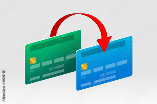 Bank cards and red arrow, concept of money transferring and payments