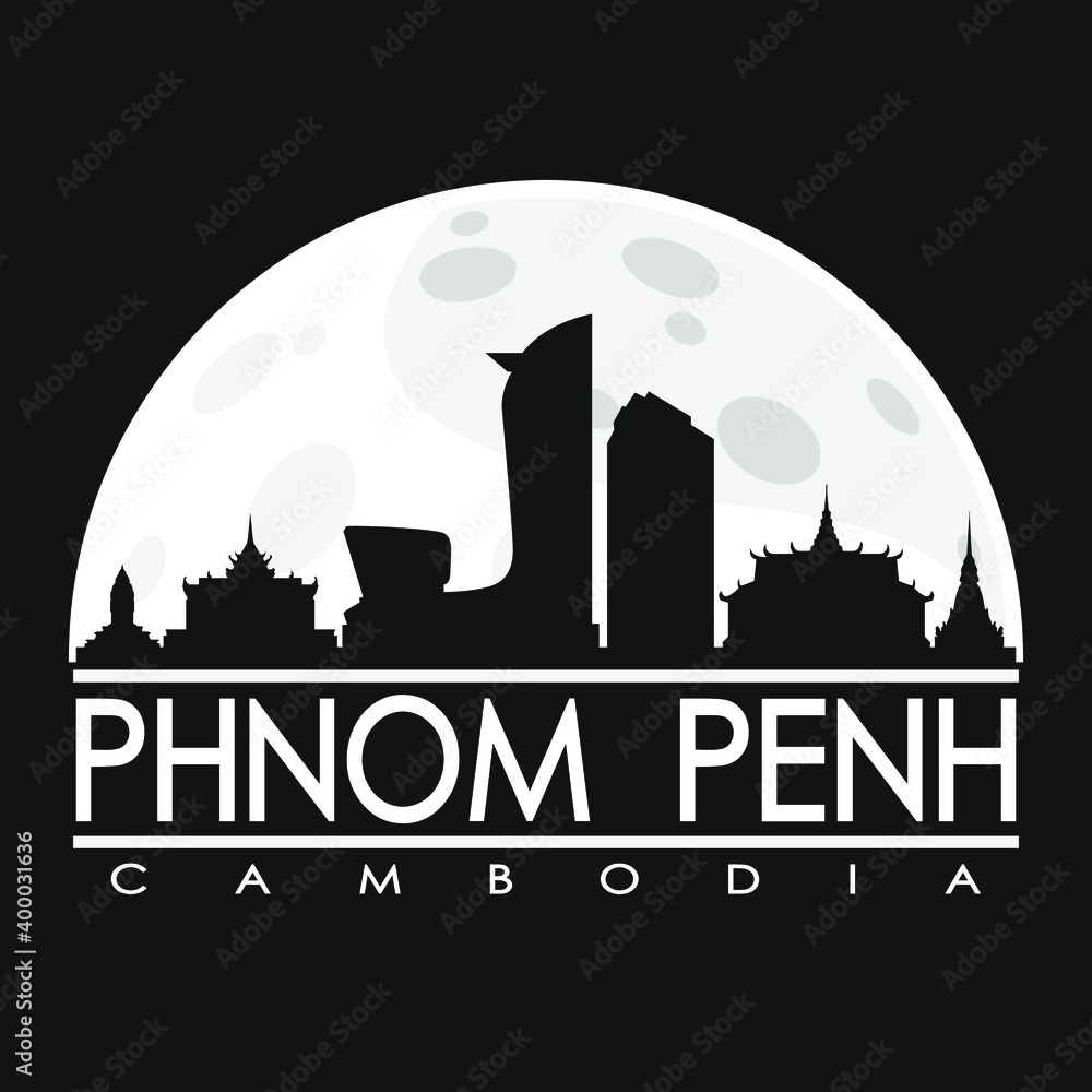 Phnom Penh Full Moon Night Skyline Silhouette Design City Vector Art Background.