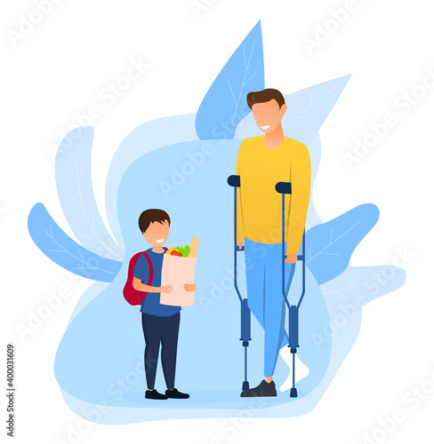 Little kid helping disabled man carry his shopping bag. Injured man thanks little kind boy for help. Concept of kids with good manners. Flat cartoon vector illustration