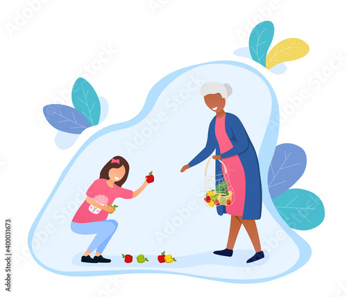 Smiling litle girl helping elderly woman to picking up fruits from the floor. Old retired woman thanks kind girl for help. Concept of kids with good manners. Flat cartoon vector illustration