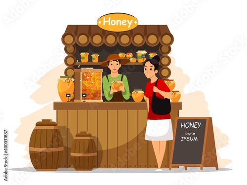Woman seller sells fresh organic sweet honey and jam in street shop. Seasonal outdoor farmer local market. Vector concept of retail business, bazaar, private enterprise, healthy food.