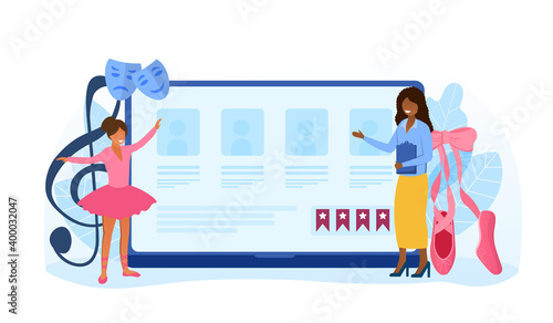 Dance teacher or choreographer making online dance casting. Concept of dancing courses for children and adults online from the comfort of your home. Flat cartoon vector illustration