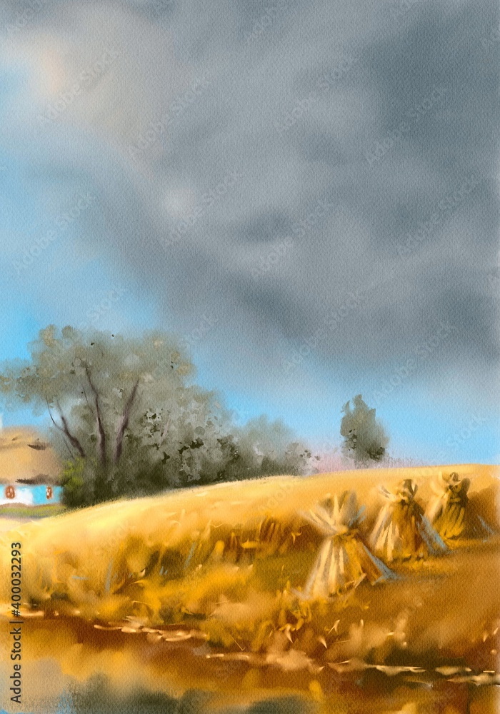 Fototapeta premium Watercolor paintings rural landscape, old village. Fine art, artwork, windmill in the country, old house in the field