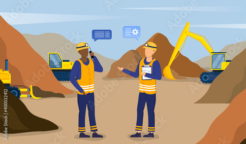 Two miners are working in quarry. Engineers using radio and clipboard controlling professional equipment. Working on coal mine extraction industry. Flat cartoon vector illustration