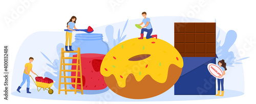 Production of sweets food. Happy male and female characters making tasty cupcake, chocolate and cookies, handmade organic strawberry jam in a large glass jar. Flat cartoon vector illustration