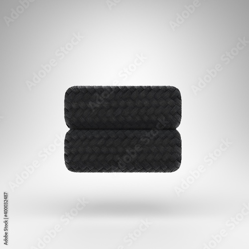 Equals symbol on white background. Black carbon fiber 3D sign with carbon thread texture.