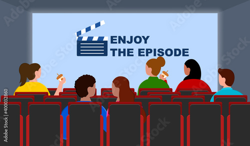 Experience of watching movie in cinema with people. Spectators eating food and drinking and having fun watching film in cinema interior. Flat cartoon vector illustration