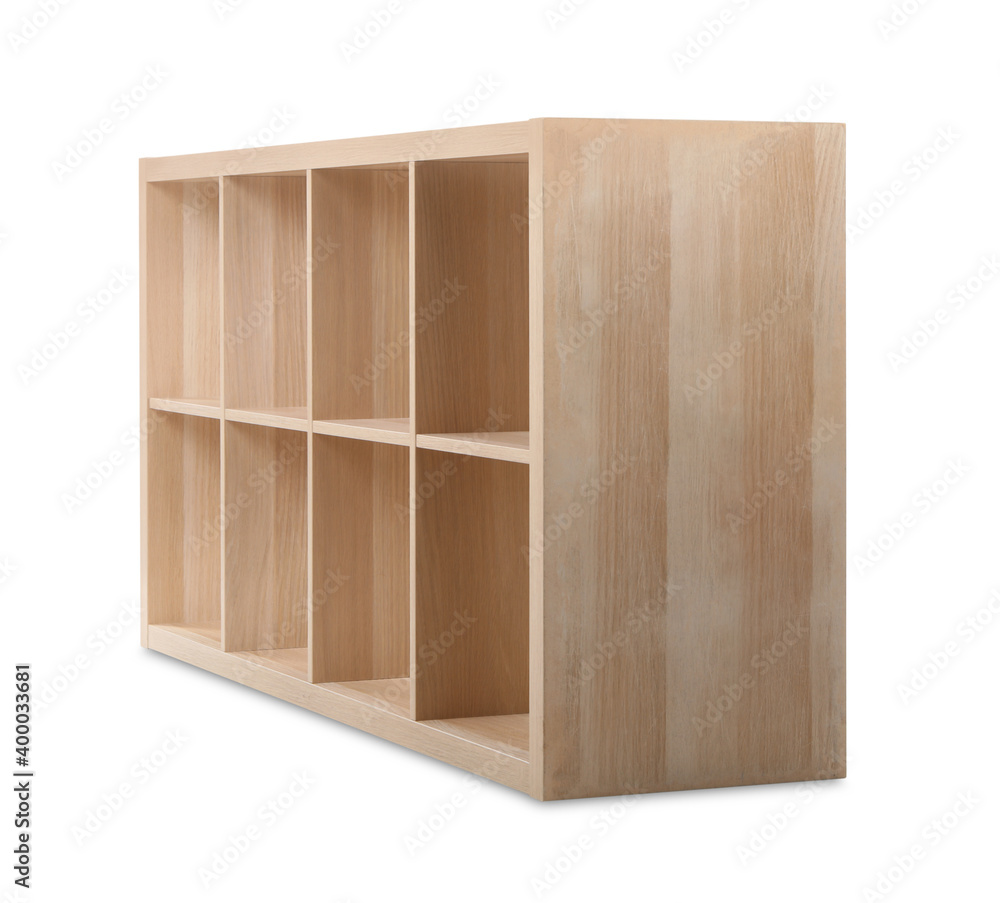 Empty wooden shelving unit for shoes isolated on white