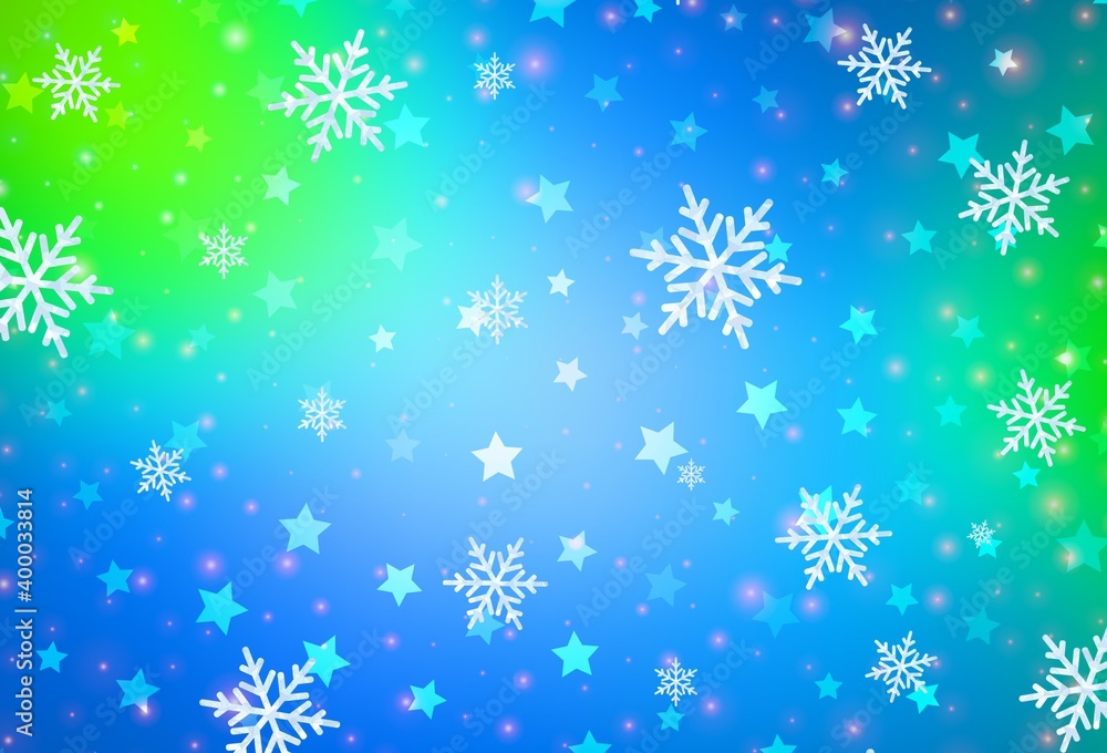 Light Blue, Green vector layout with bright snowflakes, stars. Light Blue, Green vector layout with bright snowflakes, stars.