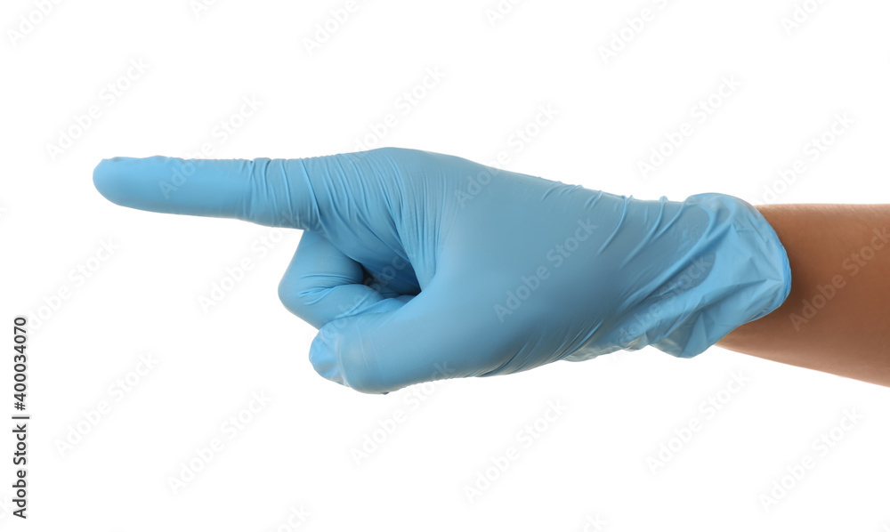 Person in blue latex gloves pointing at something against white background, closeup on hand