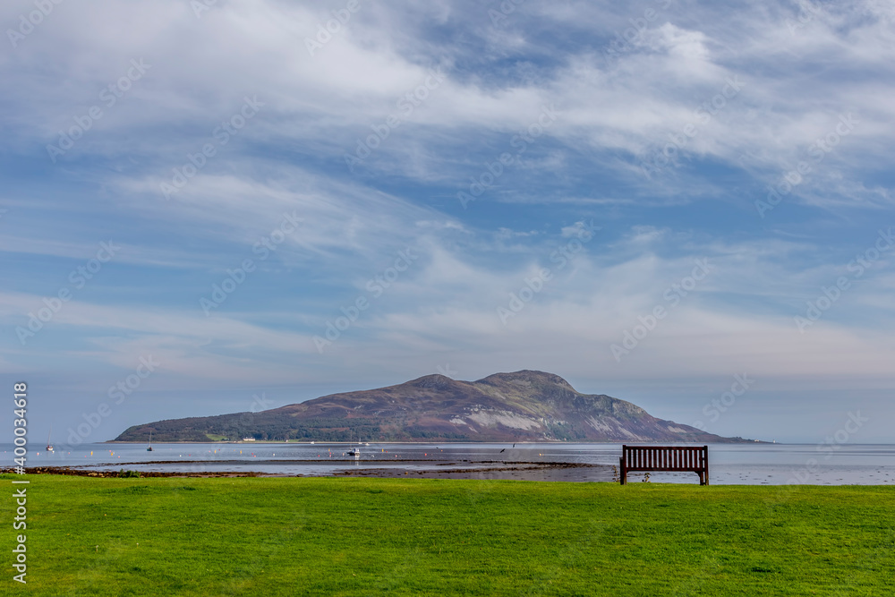 bench with view of Holy Isle on Arran