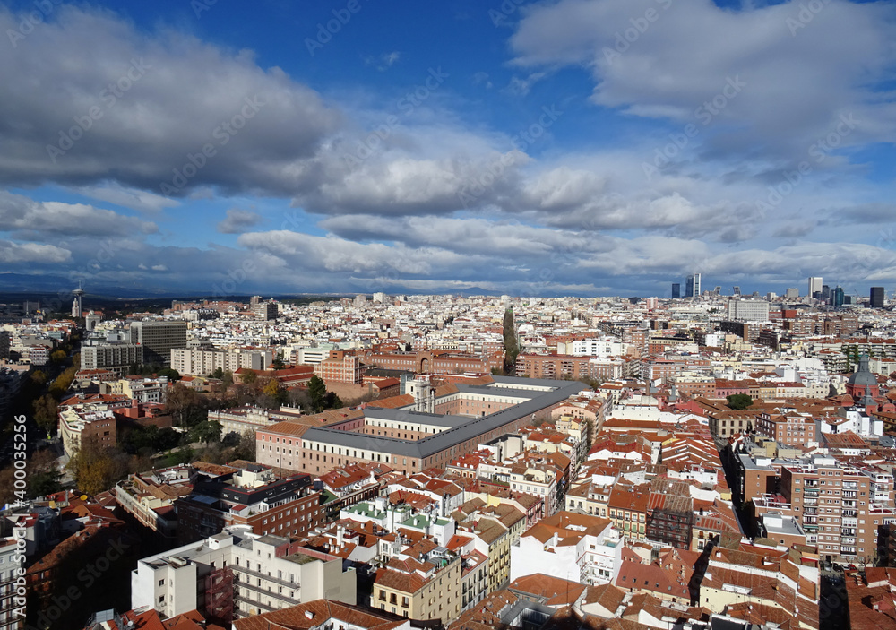 Cityscape of Madrid from the historic center and view of the financial town in the rear. Spain. 