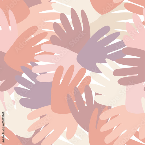 Vector seamless pattern design with hands reaching to each other in pastel colors. Perfect for backgrounds, textiles, decorations, surfaces, stationary, surfaces.