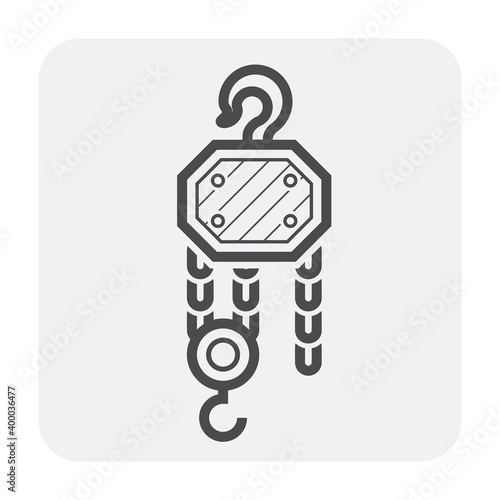 Manual chain hoist or steel chain block hoist vector icon. Lifting equipment include pulley, hook, lever, trolley, mechanical for factory, construction site, garage, workshop, warehouse and dock.