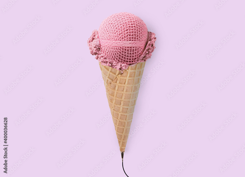 Pink ice-cream in a form of microphone isolated on pink. Creative collage concept Pink ice-cream in a form of microphone isolated on pink. Creative collage concept