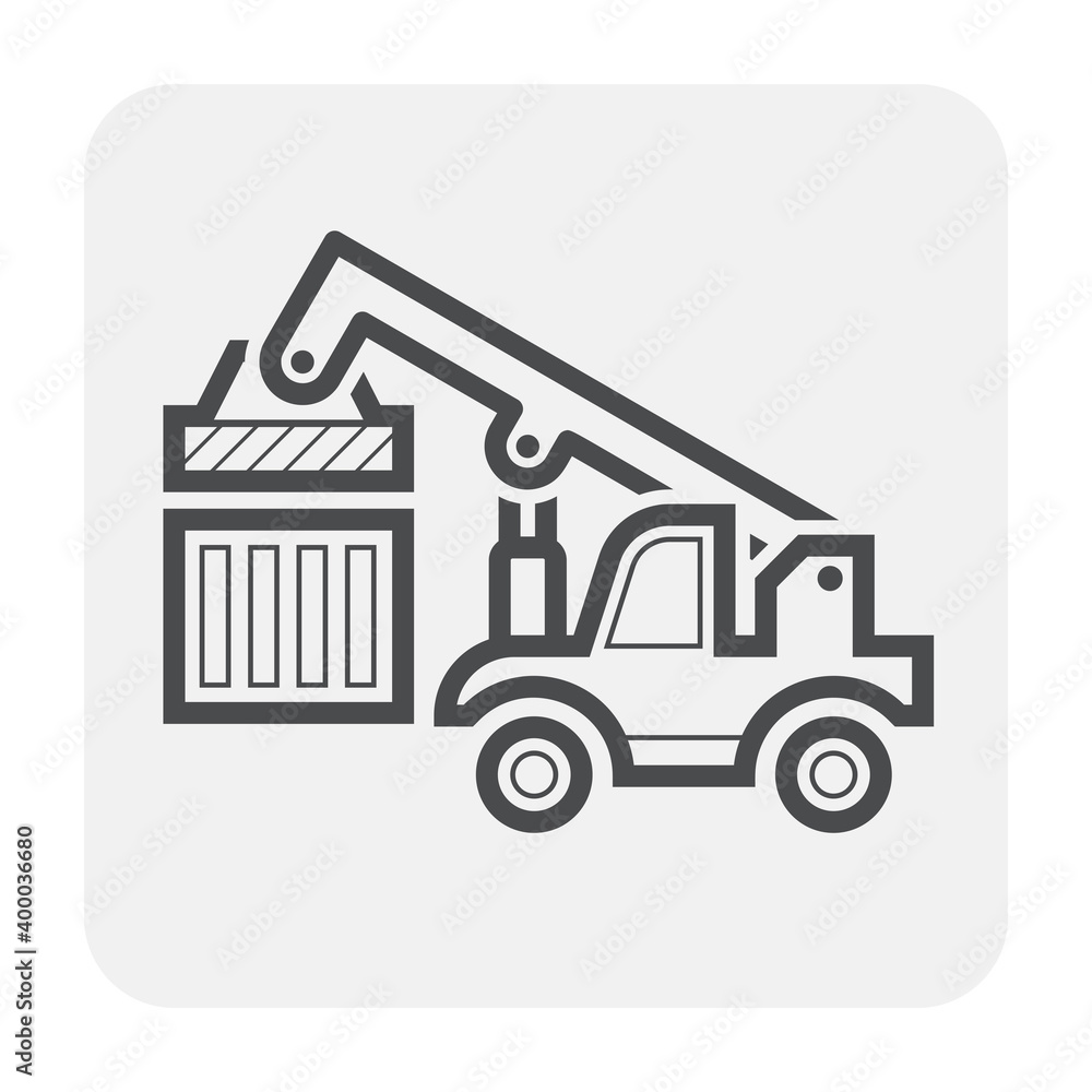 Reach stacker, cargo container vector icon. Lifting equipment for handling, move, transport, transfer, operation, delivery and loading cargo container to train or truck at yard, port, dock, terminal. Reach stacker, cargo container vector icon. Lifting equipment for handling, move, transport, transfer, operation, delivery and loading cargo container to train or truck at yard, port, dock, terminal.