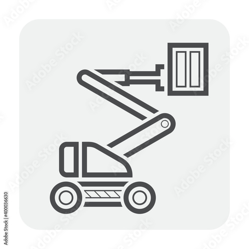 Boom lift or cherry picker vector icon. Aerial work platform or elevator. Consist of telescopic boom, bucket operated by hydraulic. For transport, maintenance, construction, service at height level.
