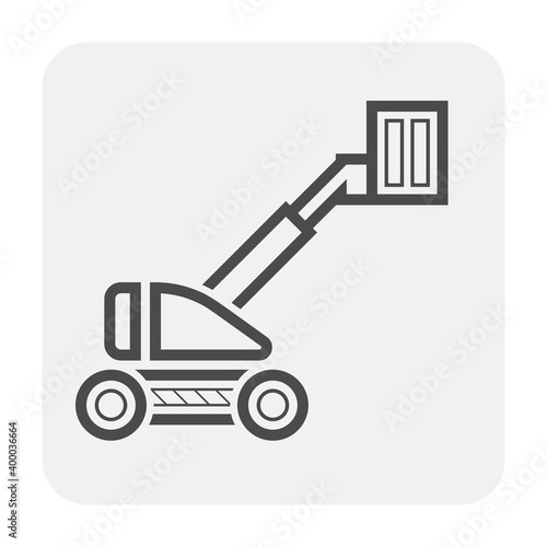 Straight or telescopic boom lift vector icon. Aerial work platform or elevator. Consist of boom, bucket operated by hydraulic. For transportation, maintenance, construction, service at height level.