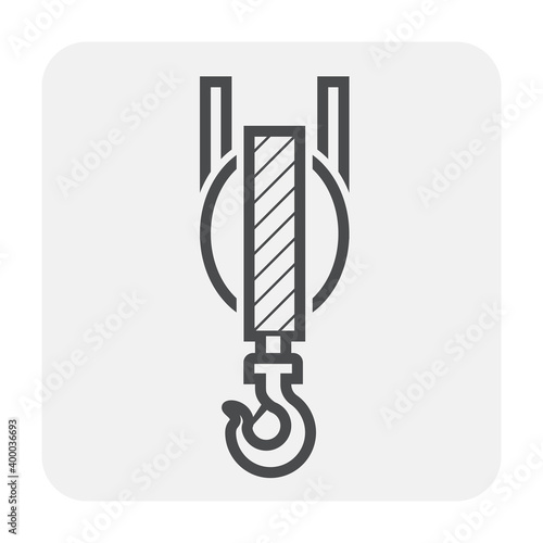 Hook and hoist vector icon. Industrial machinery or equipment include steel wire rope or cable and pulley. Part of crane, winch for lifting, moving load in factory, warehouse and construction site.