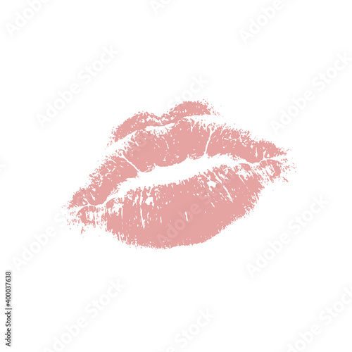 Beautiful realistic pink lips kiss isolated on white background. Lipstick vector mark.