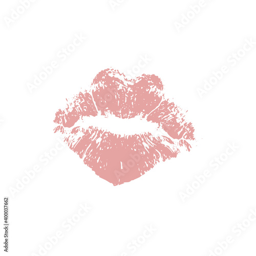 Beautiful realistic pink lips kiss isolated on white background. Lipstick vector mark.