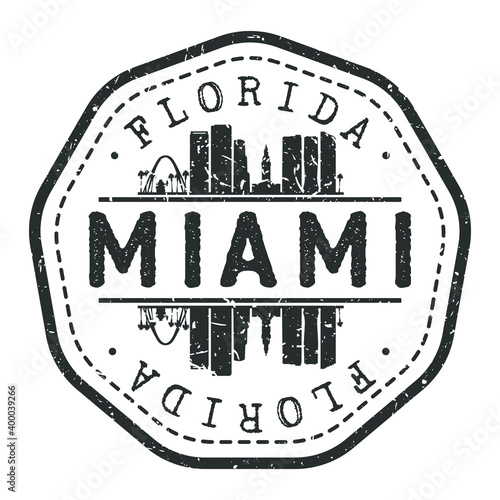 Miami, FL, USA Stamp Skyline Postmark. Silhouette Postal Passport. City Round Vector Icon. Vintage Postage Design.