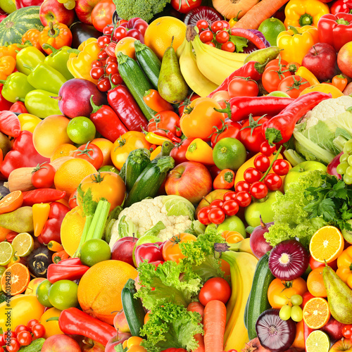 Large fruit colorful square background of fresh vegetables and fruits.