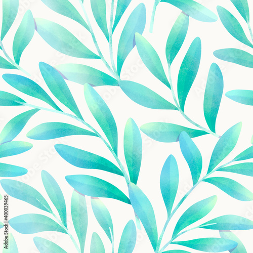 Seamless watercolor floral background. Botanical digital painted pattern. Trendy leaves illustration for fabric, wallpaper.