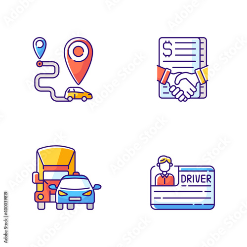 Car sharing and rental service RGB color icons set. Getting drivers license process. Truck sharing business creation. Isolated vector illustrations