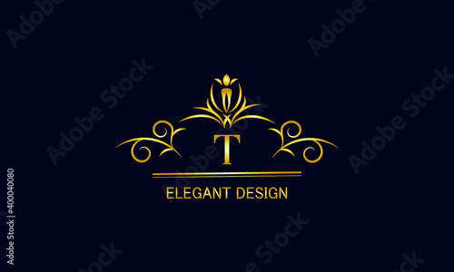 Golden monogram on a black background with the letter T. Graceful logo with the initial. Universal emblem  symbol of restaurant  business  greeting cards  invitations.